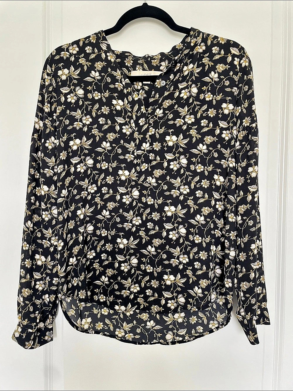 LOFT Floral Button Down Blouse in Black & Yellow Size XS Like New